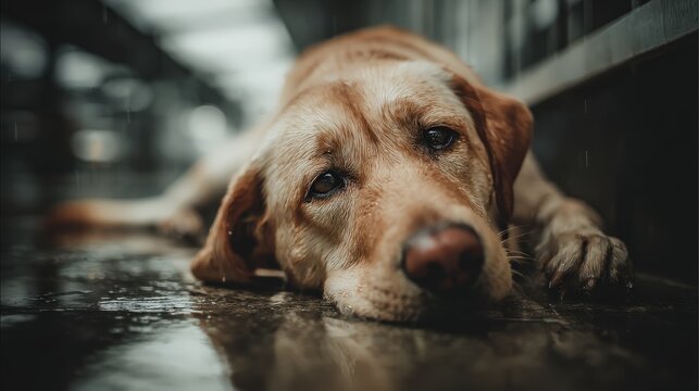 Golden canine companion rests its head on a wet, reflective surface during a downpour