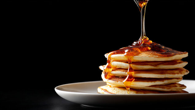 Photo of a stack of pancakes with maple syrup being poured over the top on a white plate, against a solid black background.