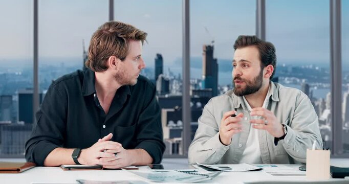 Creative people, talking and meeting in office for planning, review article and manuscript. Men, team and tablet with documents for headline feedback, proofreading newsletter and publication update