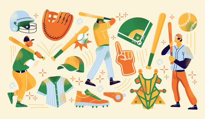Baseball players with bats, ball, glove, helmet, field diagram, uniform and equipment isolated on background. Vector flat illustration. Baseball sport and training concept. American game competition