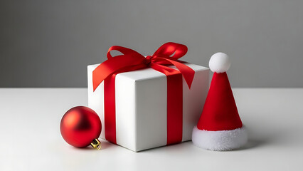 White gift box with red ribbon, ornament, and small santa hat