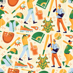 Baseball players seamless pattern with bats, ball, glove, helmet, field diagram, uniform and equipment. Vector flat illustration. Baseball sport and training concept. American game competition