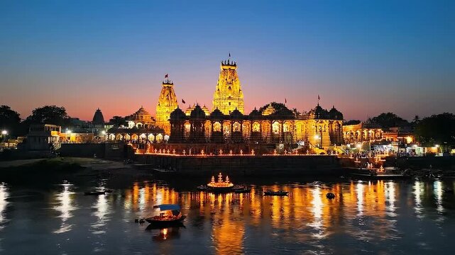 Dwarkadhish Temple Night Reflection Golden Illumination Gujarat India