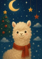 Naklejka premium Cute alpaca under starry sky.