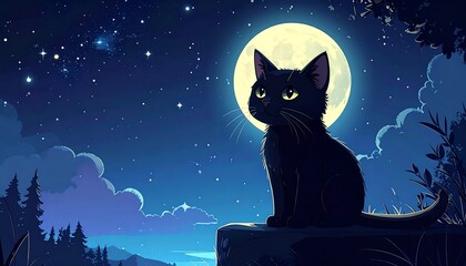 Black cat sitting at night, gazing at the moon in a starlit sky, with a soft, cartoonish vibe