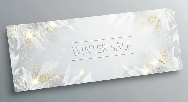 White rectangular banner with crystalline and golden glitter designs. Displays "Winter Sale" text, representative for seasonal promotion event.