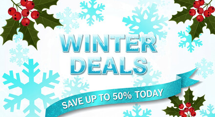 Digital image featuring snowflakes, holly, and text "Winter Deals, Save up to 50% Today", representing winter sale, promotion, and seasonal offering