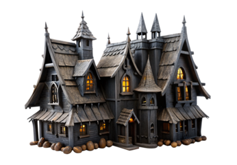Medieval fantasy village, intricate wooden architecture, glowing windows, dark weathered structure, isolated on a transparent background