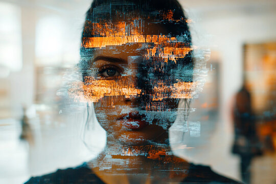 Generative AI glitch art of surreal psychedelic silhouette with abstract distortion and colorful visual waves