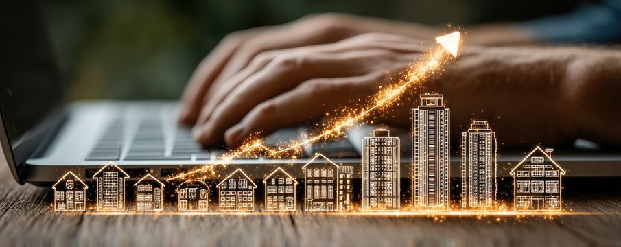 Person typing on a laptop with a glowing holographic graph rising from the keyboard in a modern digital scene