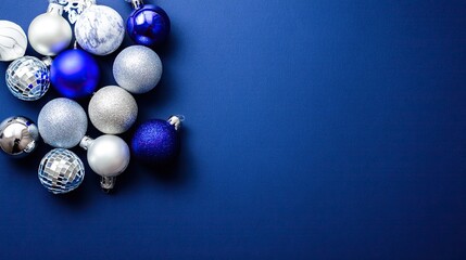 A blue background adorned with silver and blue Christmas decorations, featuring a disco ball, in light navy, dark gray, white, and silver tones, creating a festive yet sophisticated atmosphere.