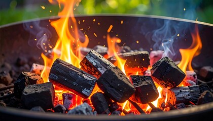 Burning charcoal in a metal grill with flickering flames and glowing embers against a blurred greenery backdrop