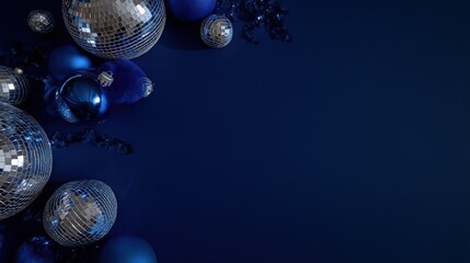 A blue background adorned with silver and blue Christmas decorations, featuring a disco ball, in light navy, dark gray, white, and silver tones, creating a festive yet sophisticated atmosphere.