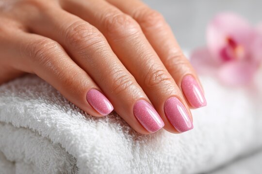 Professional nail technician gives pink manicure to client hands on a spa towel - Powered by Adobe