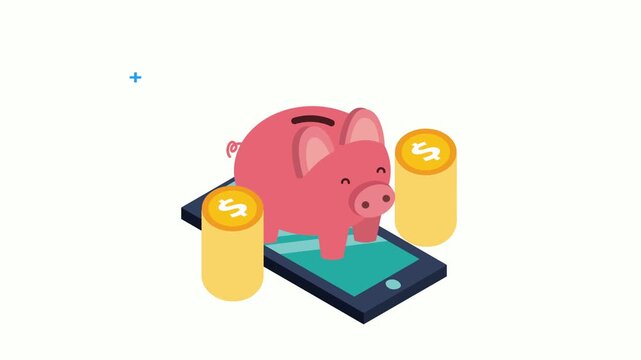 Cartoon of a piggy bank on a smartphone with coins. Flat graphic animated cartoon