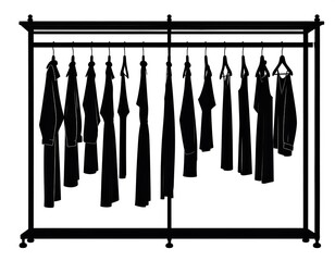 Black clothes hanging from a metal garment rack