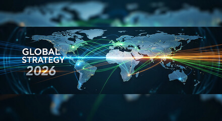 Image of a world map with luminous lines connecting cities, representing global strategy in 2026, focusing on international connection and future planning