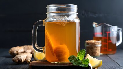 Refreshing ginger turmeric drink with lemon and mint in a mason jar