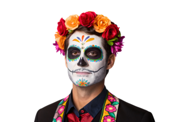 Individual in colorful skull face paint with elaborate rose headdress arrangement, isolated on a transparent background
