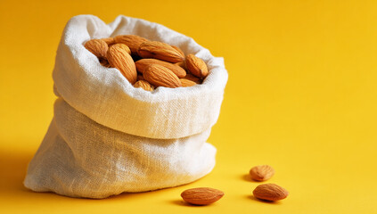 White linen bag with almonds on a yellow background, close-up of the product in a white sack filled to near fullness with light brown and orange nuts