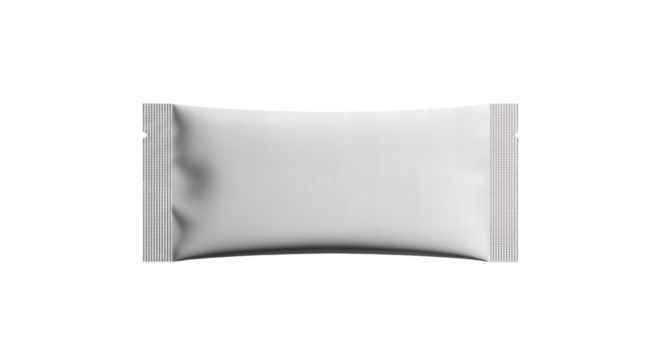 Blank white flow pack wrapper mockup for a chocolate or protein snack bar. Isolated on transparent background, png