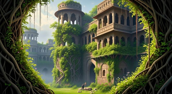 Ancient Bhangarh Fort Ruins Reclaimed by Lush Vibrant Jungle Flora - Powered by Adobe