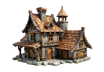Whimsical medieval cottage with curved roof tiles and stone chimney details, isolated on a transparent background