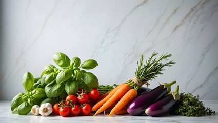 Fresh garden vegetables and herbs arranged on a marble surface
