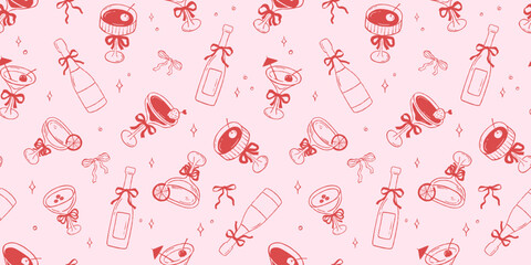 Seamless vector pattern with whimsical cocktails, hand drawn modern background, allover girly pink print