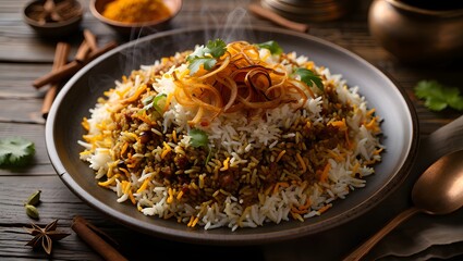 Delicious chicken biryani served in a rustic bowl with aromatic spices