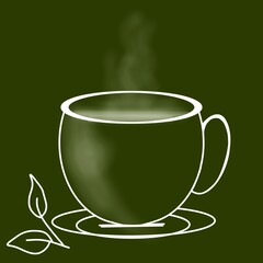 Minimalist white illustration of a hot tea cup with steam and leaves on a green background. Herbal drink concept, perfect for wellness, tea packaging, or relaxing lifestyle design.