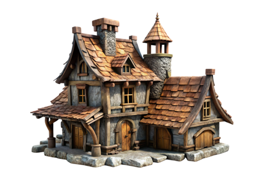 Whimsical medieval cottage with curved roof tiles and stone chimney details, isolated on a transparent background