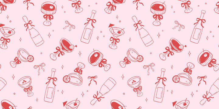 Seamless vector pattern with whimsical cocktails, hand drawn modern background, allover girly pink print