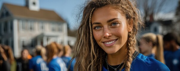 Smiling Black teenage girl in blue soccer jersey outdoors with teammates