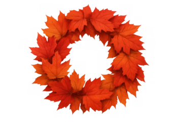 Autumn maple leaves forming a round wreath, symbolizing fall season holidays, harvest, and nature changes on transparent background
