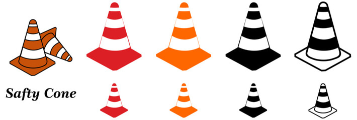 Naklejka premium Traffic cone illustration set, black-white outline to red and orange versions, four styles progression for safety signage, icon design, vector artwork template