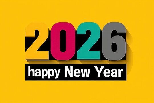 Colorful 2026 Happy New Year sign on bright yellow background celebrating a fresh start