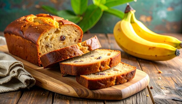 Banana bread, sliced, on a wooden board alongside fresh bananas and green foliage, under soft, natural light - Powered by Adobe