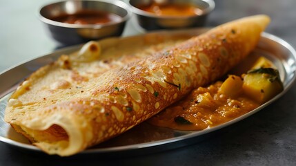 Close up of a dosa on a silver plate with potato curry and small bowls of sauce in the background
