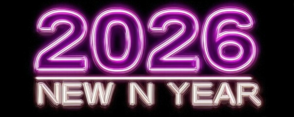 Purple neon 2026 new year celebration sign glowing on a black background with festive glow