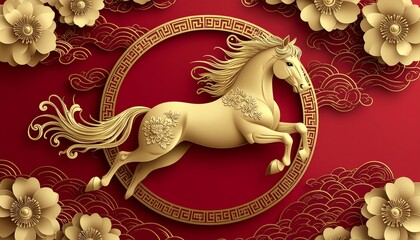 Golden horse leaps into a prosperous new year with elegant floral details and traditional Chinese design elements on a vibrant red background