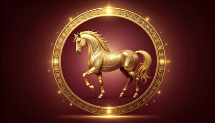 Elegant golden horse with intricate designs inside ornate glowing circle for premium brand imagery or luxurious themed projects