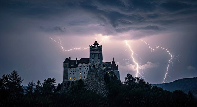 Bran Castle Underneath a Dramatic Night Sky with Intense Thunderstorm