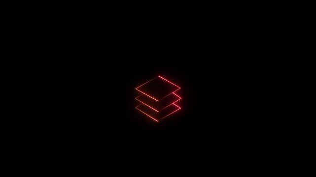 Abstract glowing red neon layers icon or symbol representing data stacking, digital information organization, or blockchain technology, set against a dark, mysterious black background with a subtle li