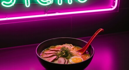Bold neon lighting on ramen with bright toppings