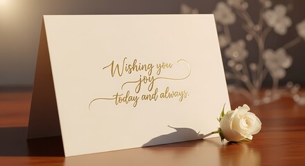 Greeting Card with Rose: A delicate greeting card is elegantly paired with a pristine rose, set against a blurred floral background. The card bears a heartfelt message.