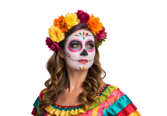Sugar skull face paint with vibrant floral headpiece and traditional costume, isolated on a transparent background