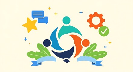 Obraz premium Vibrant teamwork illustration with people icons and symbols