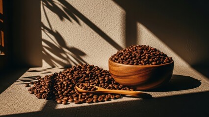 A rustic wooden bowl overflowing with roasted coffee beans beside a pile of beans and a small wooden spoon bathed in warm sunlight and dappled shadows