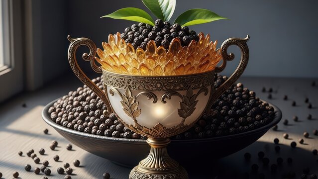 A vintage ornate golden trophy filled with fresh dark coffee beans symbolizing aromatic excellence and the rich reward of quality coffee production